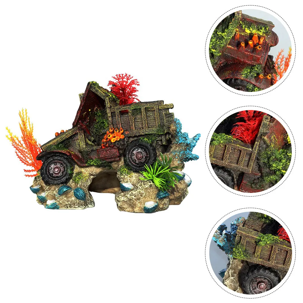 1Pcs Coral Truck Emulation Ornament Aquarium Landscape Fish Tank Decoration Resin Decor Home Office Desk Adornment Natural