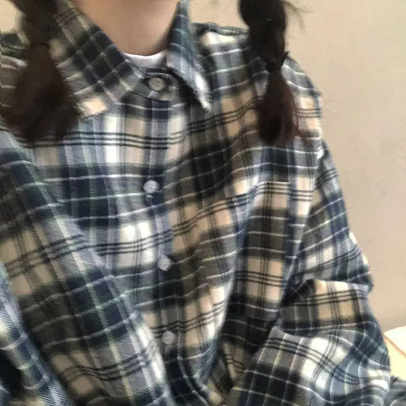 Awen Loose Oversized Plaid Shirts Korean Chic Checked Cardigan Blouses and Tops 2022 New Cotton Checked Lady Casual Outwear