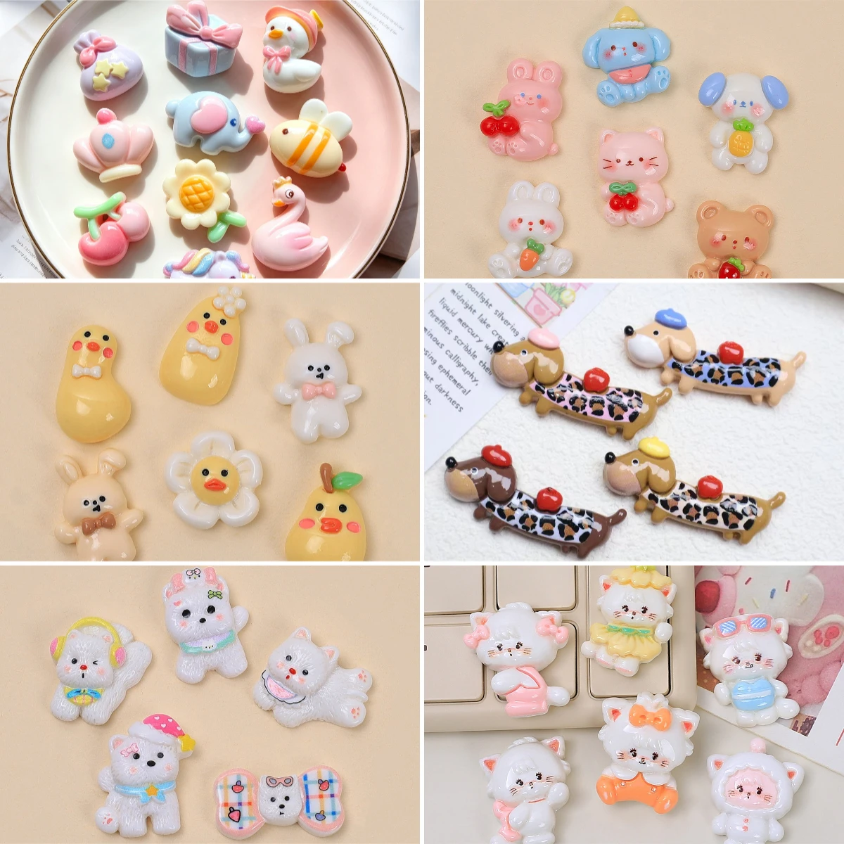 100pcs Cute Animal Duckling Elephant Swan Crown Cherry Bee Flatback Resin Cabochon DIY Accessories Hairpin Pendant Decor