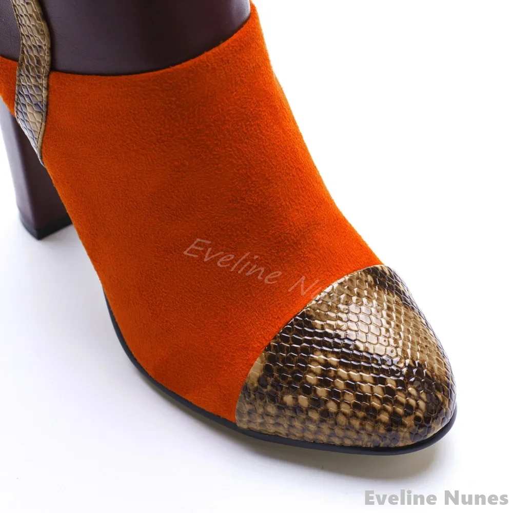 Flannel Snakeskin Colorblock Knee-high Boots Women Round Toe Chunky Heel Belt Buckle Side Zipper Long Boots New Fashion Boots