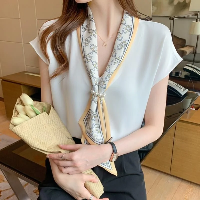 Woman Summer Style Blouses Shirts Lady Casual Short Batwing Sleeve V-Neck Bow Tie Decor Loose Blusas Tops WY1000