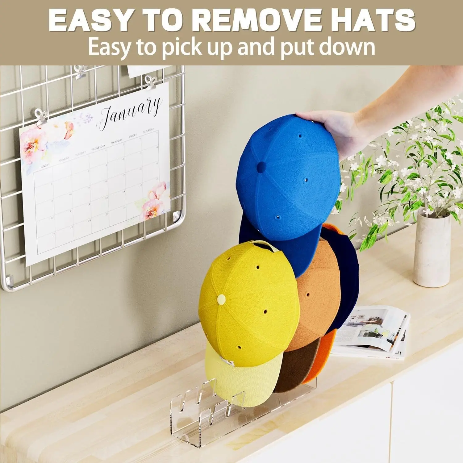 Hat Stand for Baseball Caps, 2 Pcs No Install Acrylic Hat Organizer for 14 Baseball Caps, Hat Racks for Baseball Caps Display