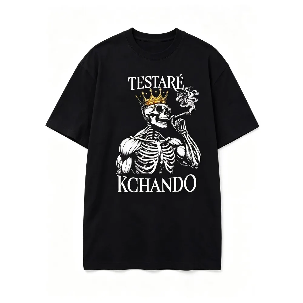 2026 New Men O-neck Short Sleeve Tops Crown Bodybuilder Skull Art Print Sunglasses Cigar Skeleton Image Unique Letter Decor