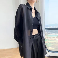 Women's Summer Sexy See Through Sunscreen Shirt Office Lady Simple Oversized Sun Protection Blouse Solid Long Sleeve Tunic Tops