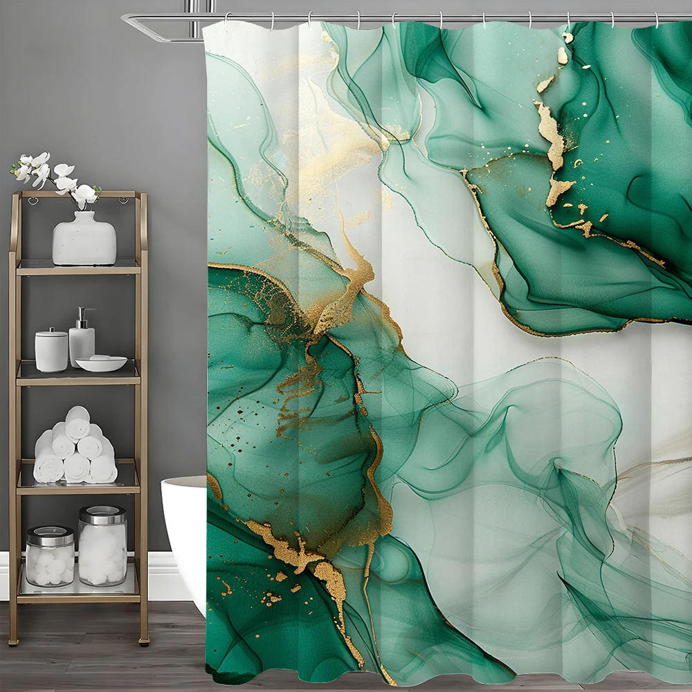 Green Marbled Flow Art Shower Curtain, Bathroom Decorative Shower Curtain, Waterproof Shower Curtain with Hooks