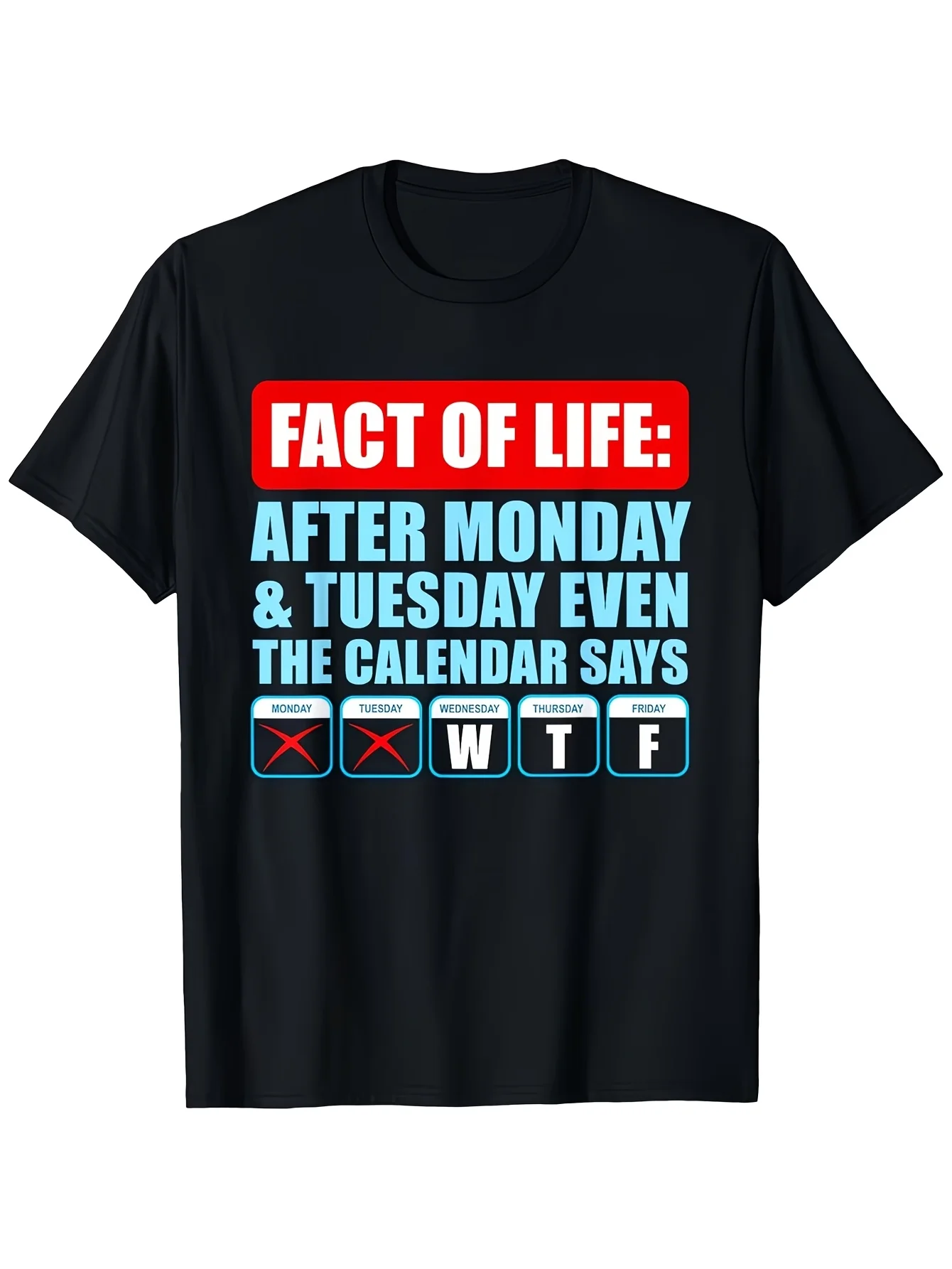 Men's Fun Monday-Tuesday Calendar T-Shirt -  Day Gift, Suitable for Those with a Sense of Humor, Casual Round-Neck Short-Sleeve T-Shirt, Slightly Stretchy Solid Color Shirt, Suitable for Office Parties and Everyday Wear (Size), Plus Size