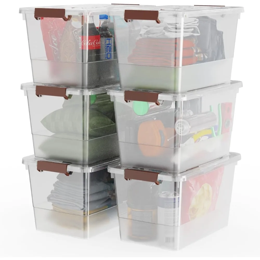 

32 Qt Plastic Clear Storage Bin with Durable Lids and Latching Buckle, 6-Pack Tote Organizing Box Stackable and Nestable