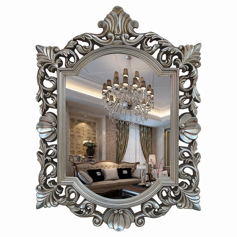 Classic European Vintage Bathroom  Carved Art Wall Mounted Decorative Mirror Court PU Mirror Women's Dressing Mirror