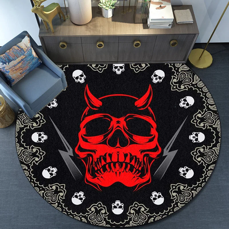 Red Devil Skull Round Rug Gothic Horror Design Black Background Skulls Pattern Rock Music Band Decor Heavy Metal Theme