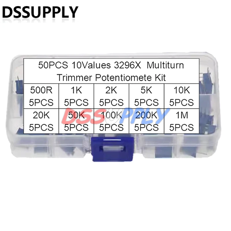 50PCS 3296 3296X Multiturn Trimmer Potentiometer Kit High Precision 500R~1MΩ Variable Resistor With Free Box Electronic Diy Kits