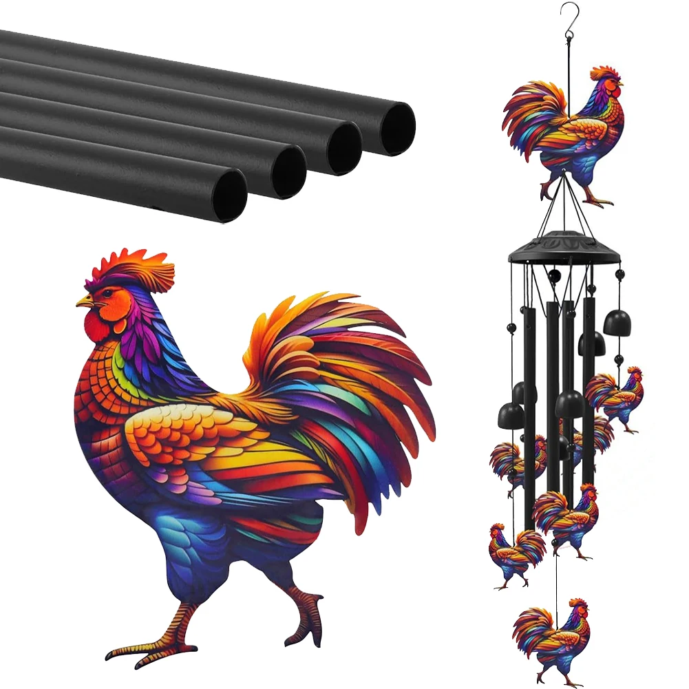 1Pc 36 Inch Colorful Rooster Wind Chime Handmade Metal Windbell For Outdoor Garden Yard Patio Hanging Decoration Vintage