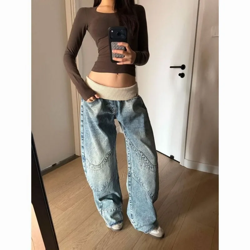 Women High Waist Straight Leg Jeans Adjustable Waist Button Loose Casual Denim Trousers Streetwear Pants