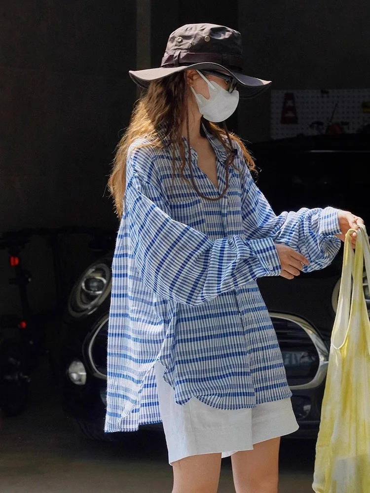 Blue Striped Long Sleeve Shirt Jacket Women's Summer Medium Length Loose Thin Sun Protection Cover up Casual Style Breathable