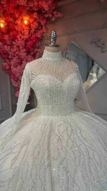 Customized Ball Gown Bride Married Lace Long -Sleeved Pearl High Necked Wedding Dress Custom Made Customization Bridal Gown