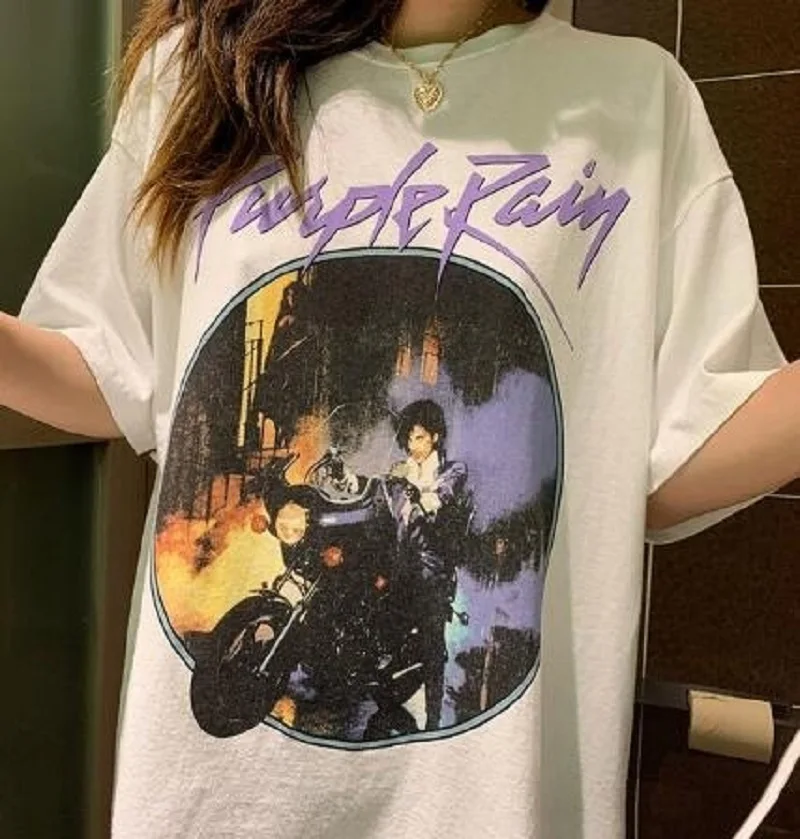 6022 Purple Rain Vintage Graphic Tee Female Short Sleeve O Neck Purple Printed Tops Summer Cotton Loose Music T Shirt Women Top