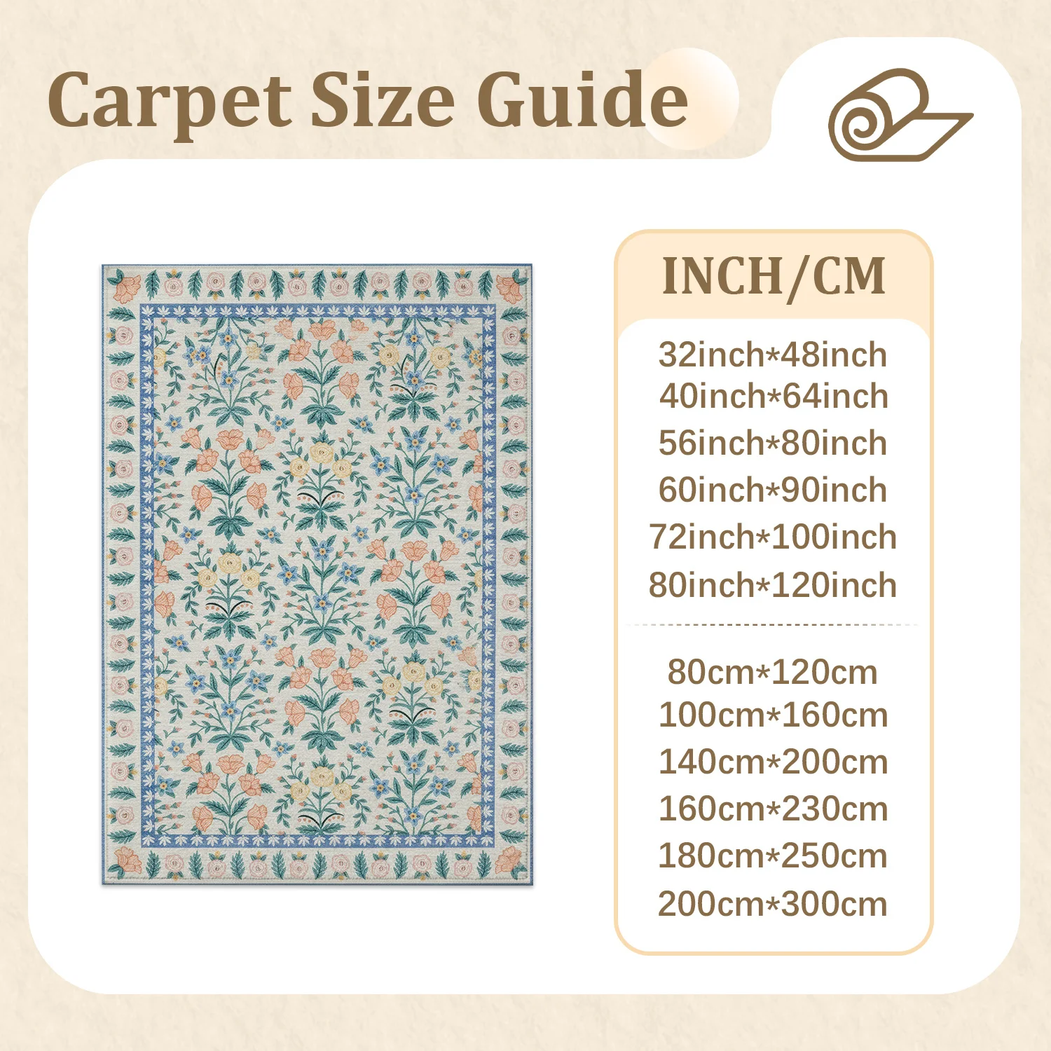 Large Indoor Area Rug, Soft Velvet Low Pile Rug with Non-Slip Dotted Backing, Machine Washable Vintage Floral Floor Rug in Peach & Blue for Living Room, Bedroom Home Decor