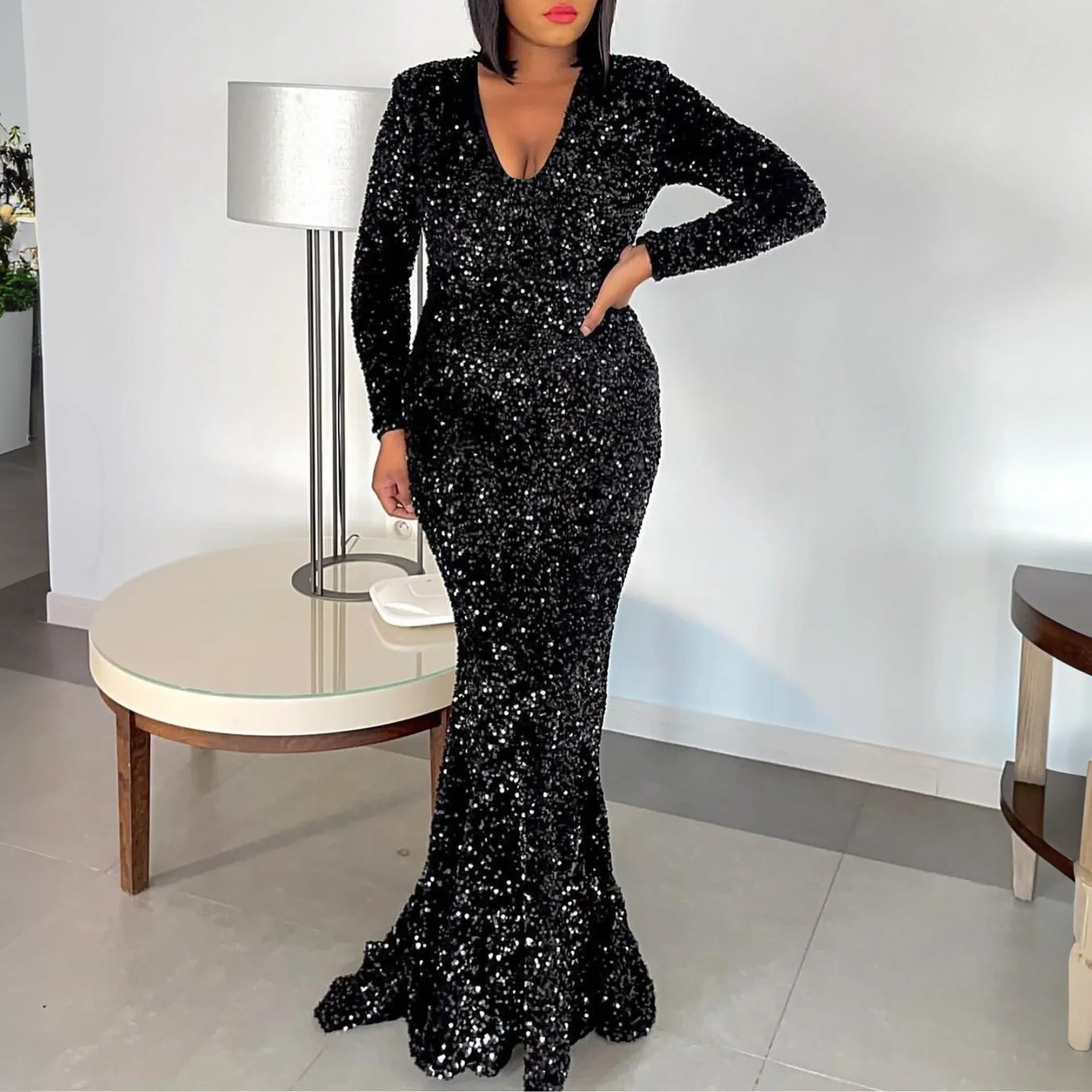 

Women Long Sleeve V-neck Sequined Bodycon Mermaid Long Dress Autumn Evening Party Night Club Africa Dresses Vestidos