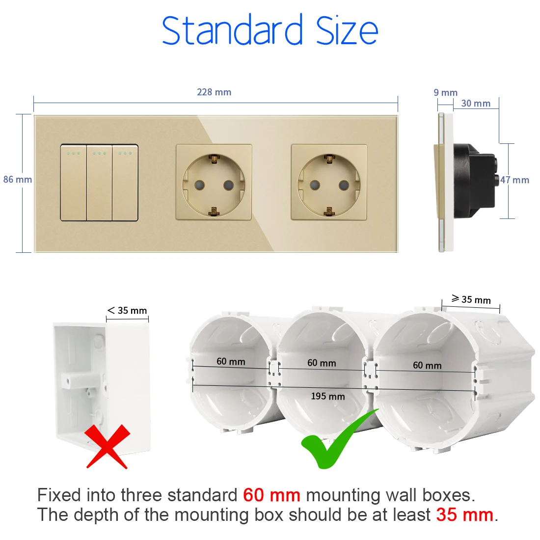 Bingoelec Golden Crystal Glass Panel 1 2 3Gang 1 2 Way Pass Through on / Off Light Switch Stair Wall Switch with EU Socket