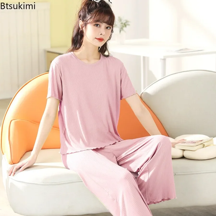 Women's Summer Short Sleeve O-neck Pajamas Fashion Solid Casual Homewear Women Modal Short Sleeved and Long Pants Two-piece Set