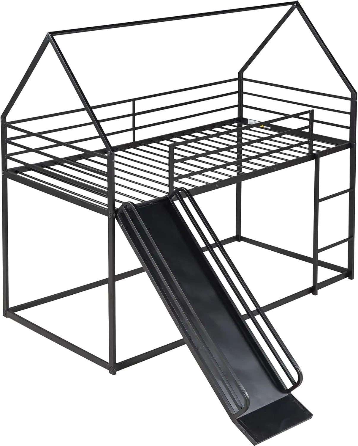 Bed met glijbaan en Twin Over Twin metalen stapelbedframe laag stapelbed voor kinderen, jongens, meisjes, tieners, zwart