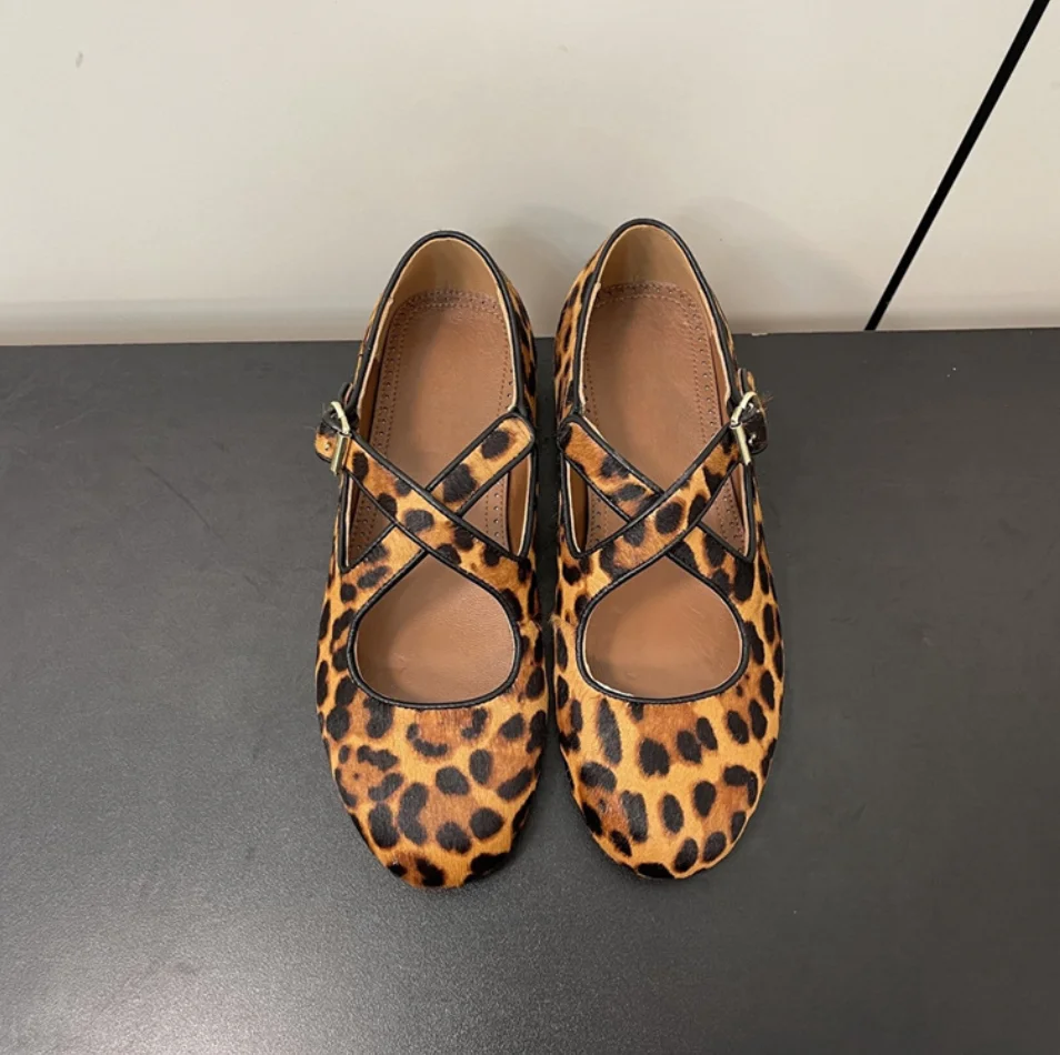 Retro leopard print horsehair cross strap round toe low heel design flat bottomed Mary Jane shoes women flat