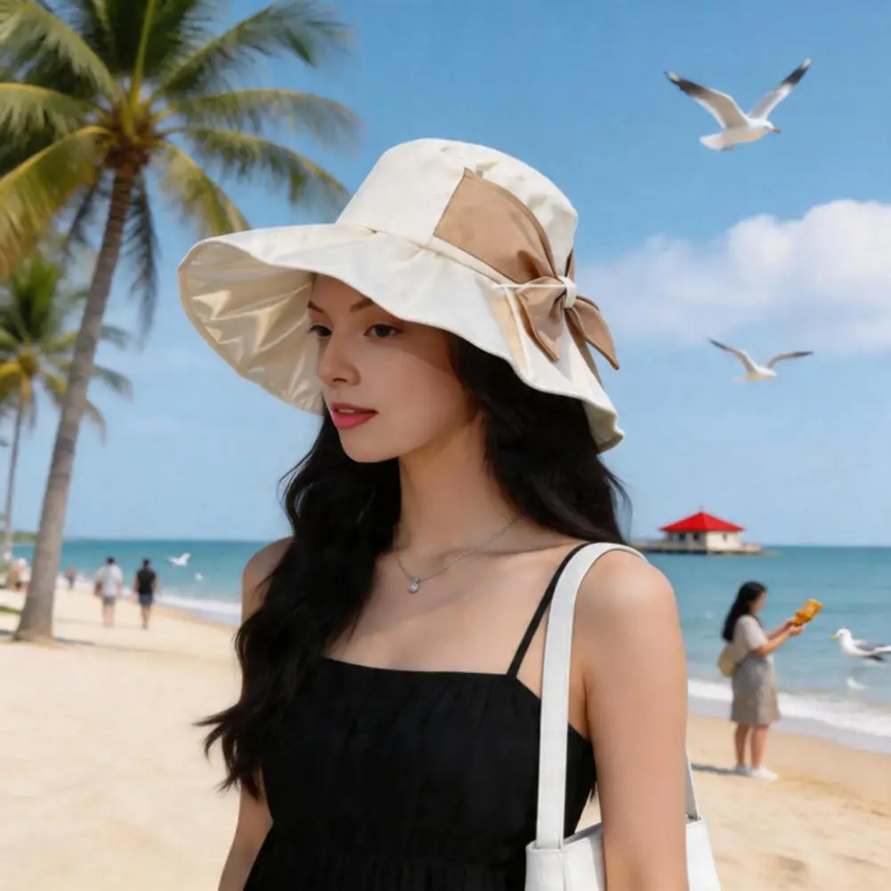 Wide Brim Uv Protection Hat Women’s Wide Brim Beach Hat with Bowknot Decor Foldable Travel Sun Protection Bucket for Hiking