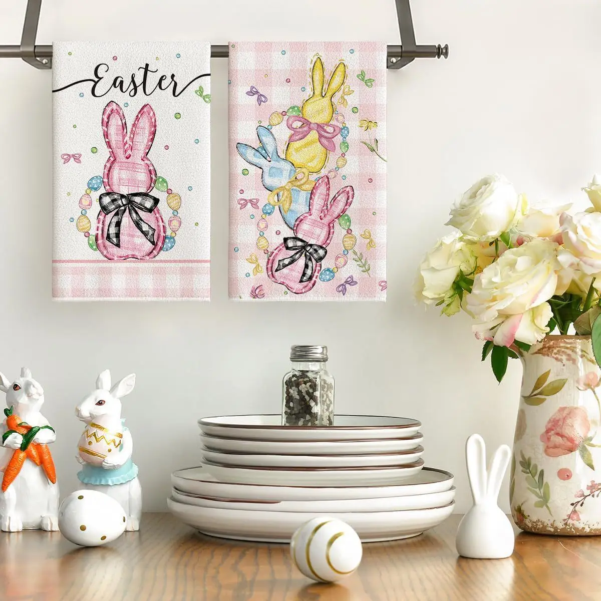 Easter kitchen towel with fun rabbit print for absorbing water and decorating the festival - dishwashing towel