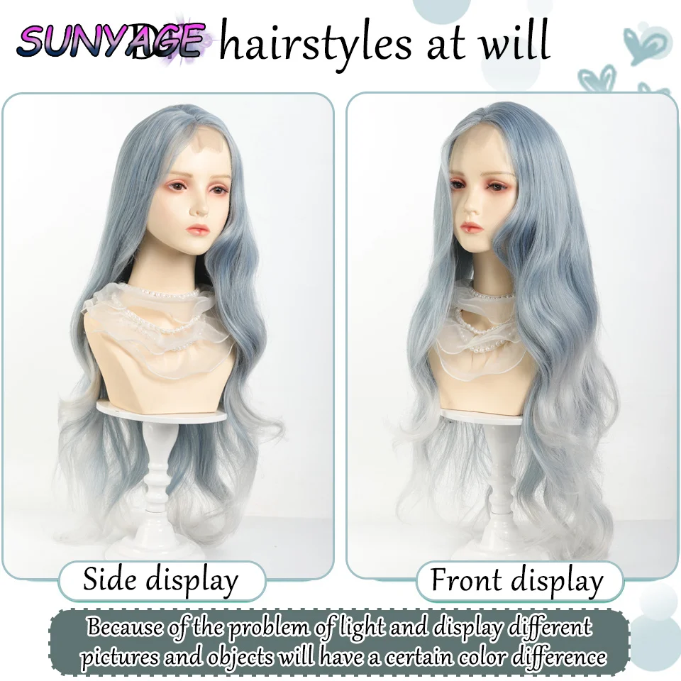 SUNYAGE Mint Blue Gradient Layered Wigs Long Curly Synthetic Wig With Bangs for Women Cosplay Daily Natural Hair Wig Heat Resist