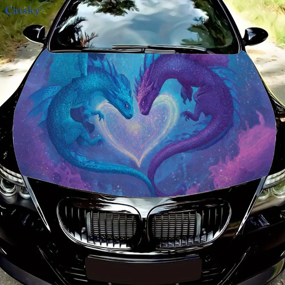 

Enchanted Blue and Purple Dragons Car Vinyl Wrap, PVC Waterproof Car Hood Sticker, Self-Adhesive Scratch-Resistant Stickers for