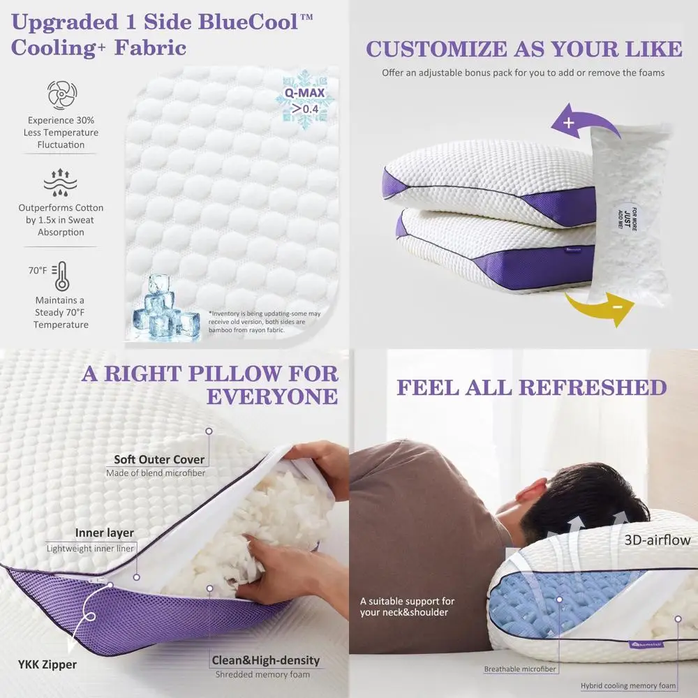 

Queen Size Cooling Pillow with Adjustable Memory Foam, Removable Cover, Suitable for Side and Back Sleepers