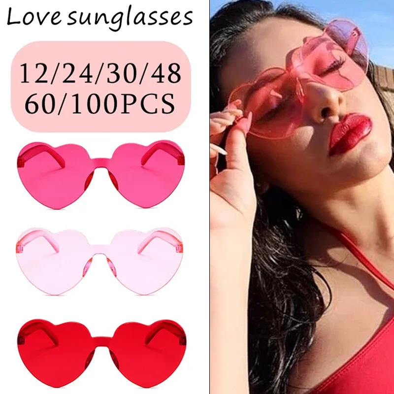 Gafas de sol con forma de corazón para mujer, lentes rosas sin marco para adultos, para boda, despedida de soltera, recuerdo de fiesta, regalos de San Valentín