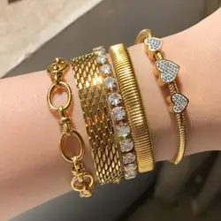 New ins Stainless Steel Exquisite Stacked Bracelet For Women Vintage 18K Gold Mesh Chain Heart Bracelets Fashion Jewelry