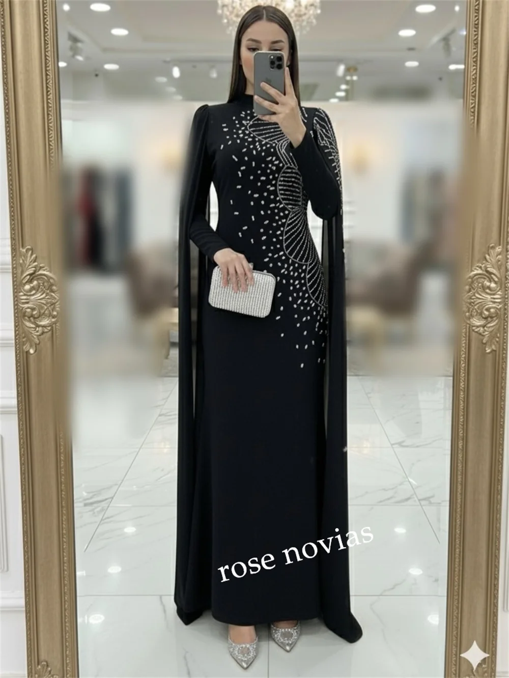 فستان سهرة نسائي كلاسيكي مخصص بنمط لامع وياقة عالية مستقيمة فساتين طويلة مناسبة مخصصة للحفلات الأنيقة #4