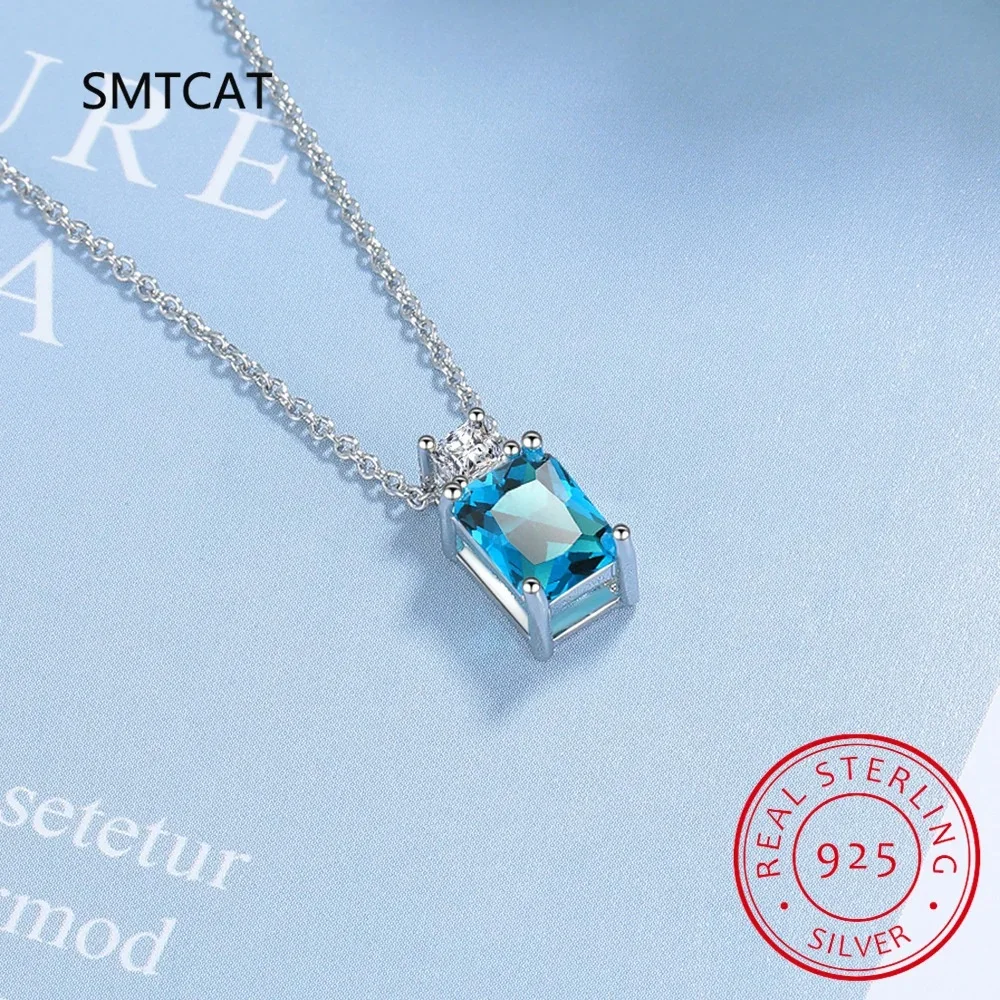 Emerald Cut Sky Blue Topaz Created Sapphire 925 Sterling Silver Pendant Necklace for Woman 45CM Link Chain Daily Jewelry