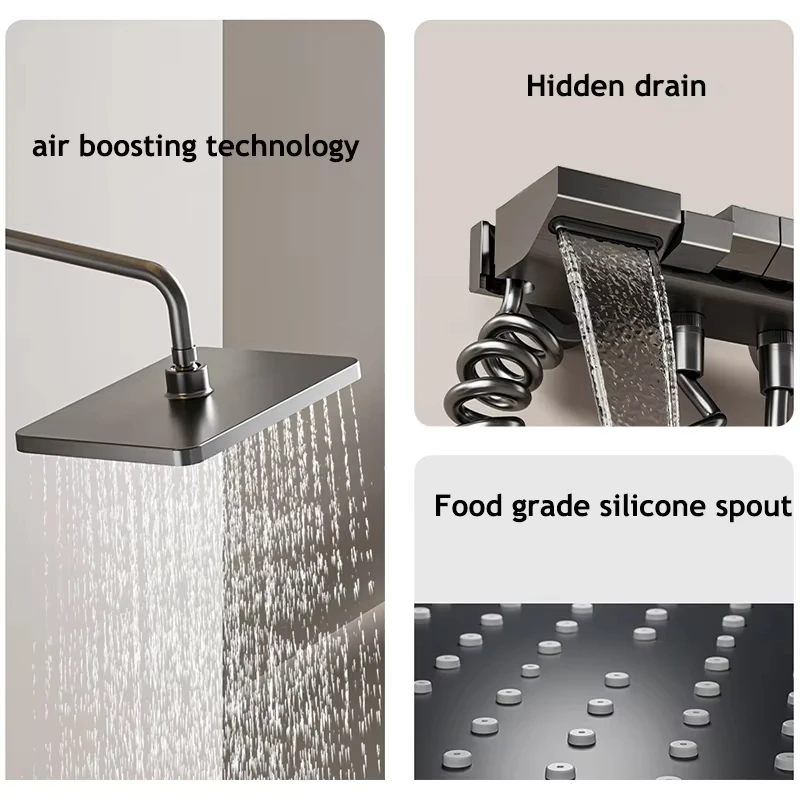 Set doccia con display digitale grigio, pulsante pianoforte caldo e freddo con luce atmosferica, soffione doccia con rubinetto da bagno