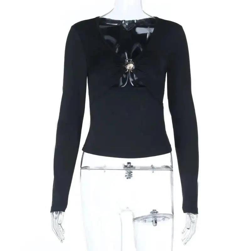 Autumn Fashion Women’s Long-sleeved Short Top Solid Color Hollow Ring Deep V Neckl T-shirt Skinny Sexy Ladies New Tees
