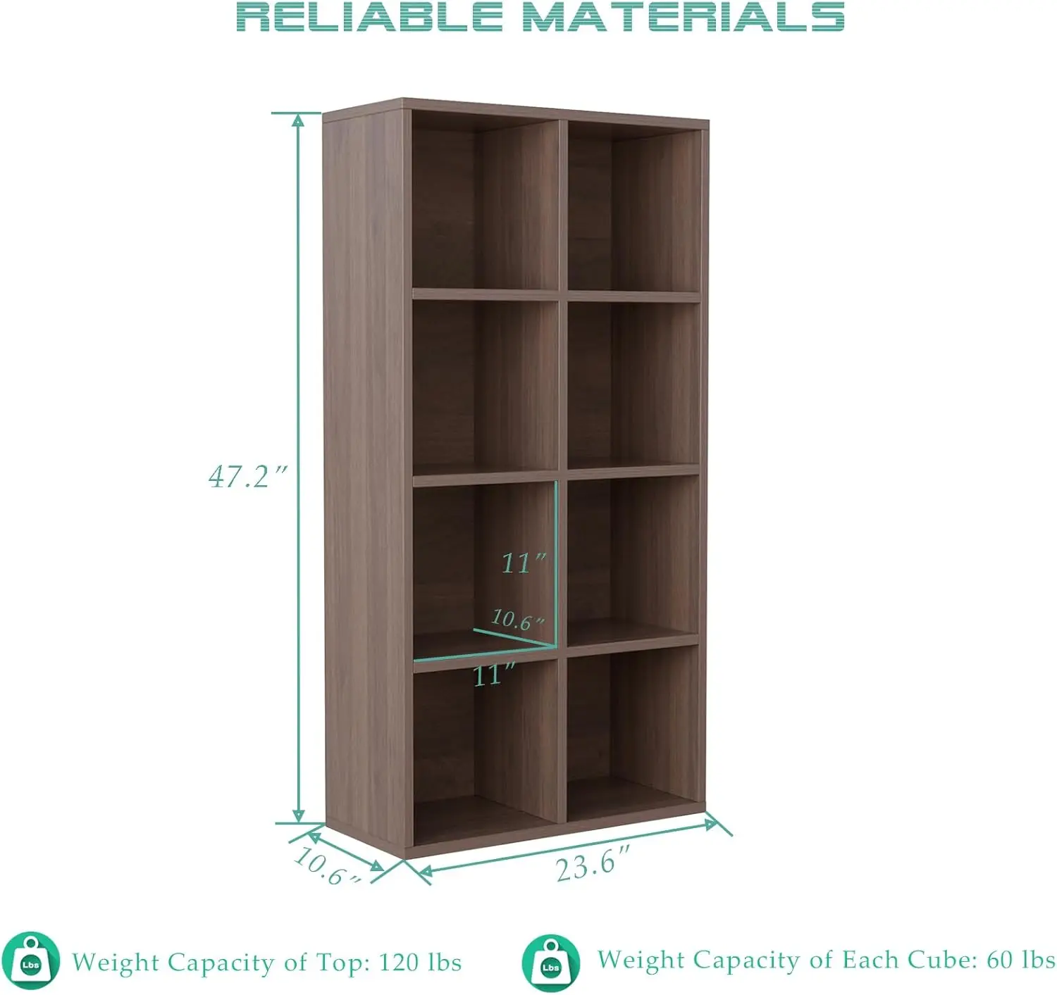 8-Cube Storage Shelf Bookcase - Wooden 4-Tier Floor Standing Open Bookshelf for Home and Office, Cuby Orgainzer, Walnut