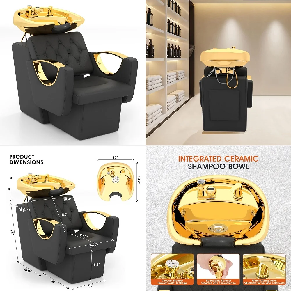 

Shampoo Station, Backwash Chair, Ceramic Hair Wash Bowl, Shampoo Bowl for Spa Beauty Salon Gold