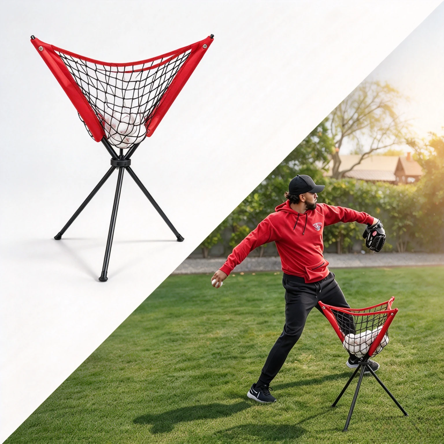 Mobile Net Baseball Softball Ball Collector & Caddy Triangle Portable Foldable Outdoor Batting Practice Storage Rack for Players