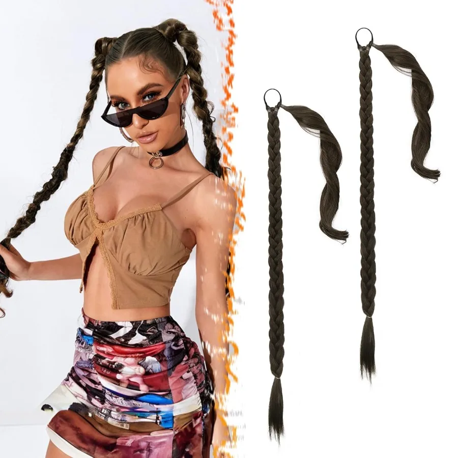 2 قطعة 30 بوصة طويلة مضفر ذيل حصان تمديد للنساء أنيق التفاف حول البني جديلة وصلات شعر مع الشعر التعادل الاصطناعية Po