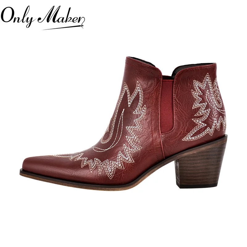 

Onlymaker Pointed Toe Embroidered Stitched Western Cowgirl Boots Chunky Heel Big Size Ankle Boots