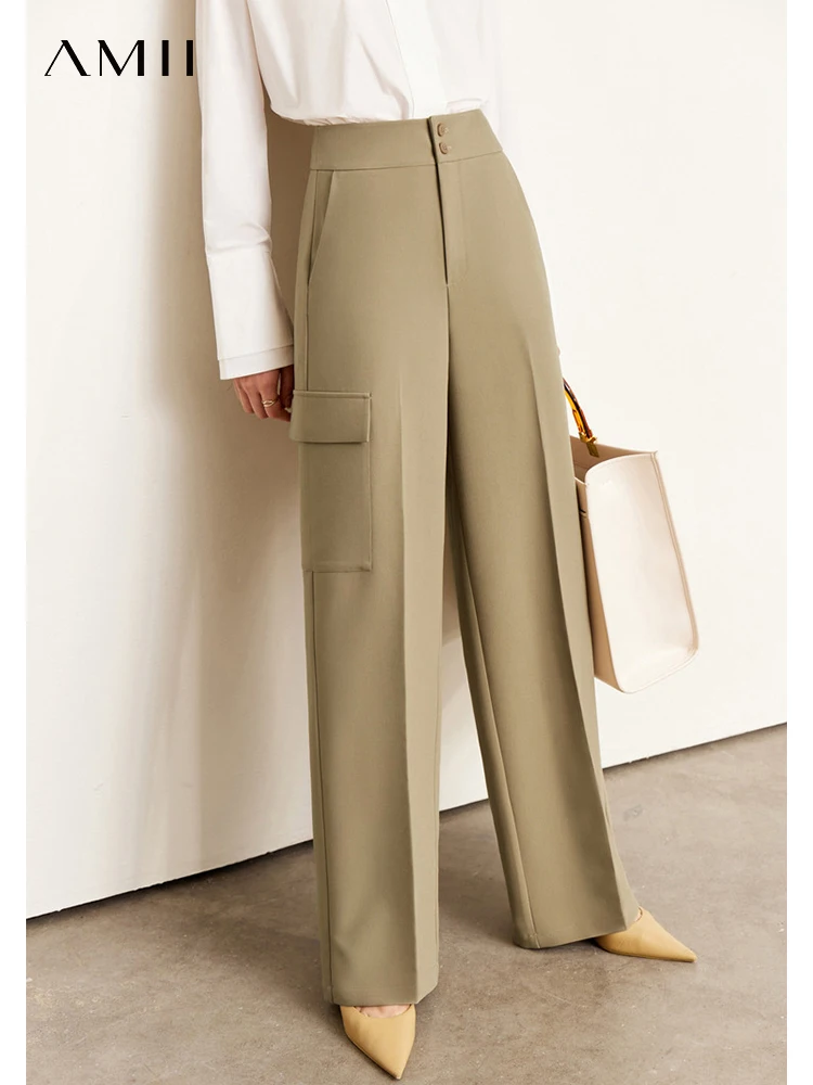 AMII Minimalism 2022 Spring Autumn Casual Cargo Pants Pocket New High Wiaist Office Lady Trousers Female Straight Pants 12270344