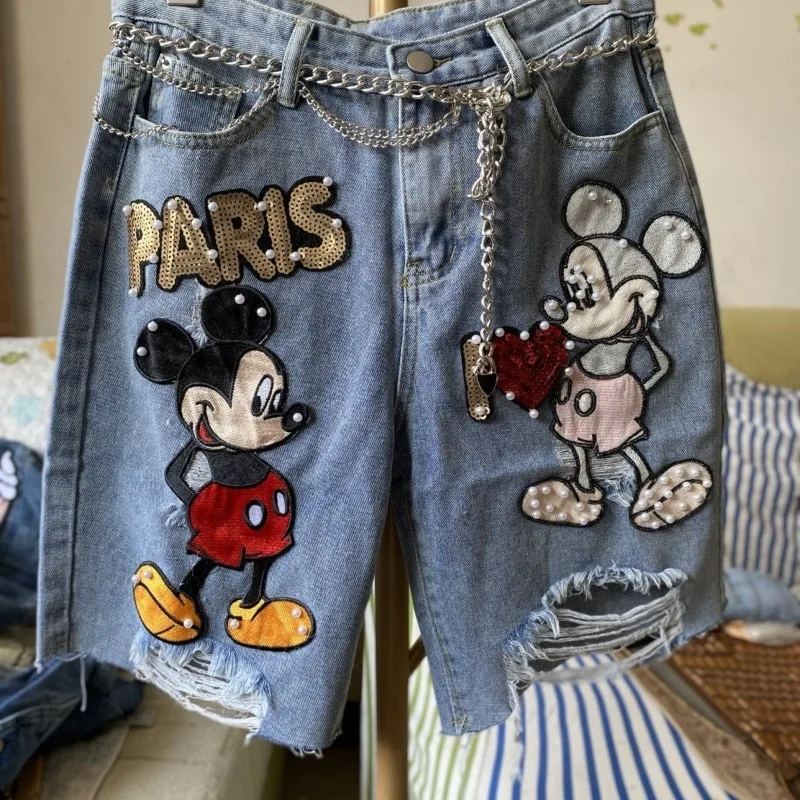 Schwere Industrie Cartoon Mickey Gestickte Hohe Taille Cowboy Shorts Frauen Sommer Plus Größe Lose Slimm 5/5 Gerade Bein Hot Pants