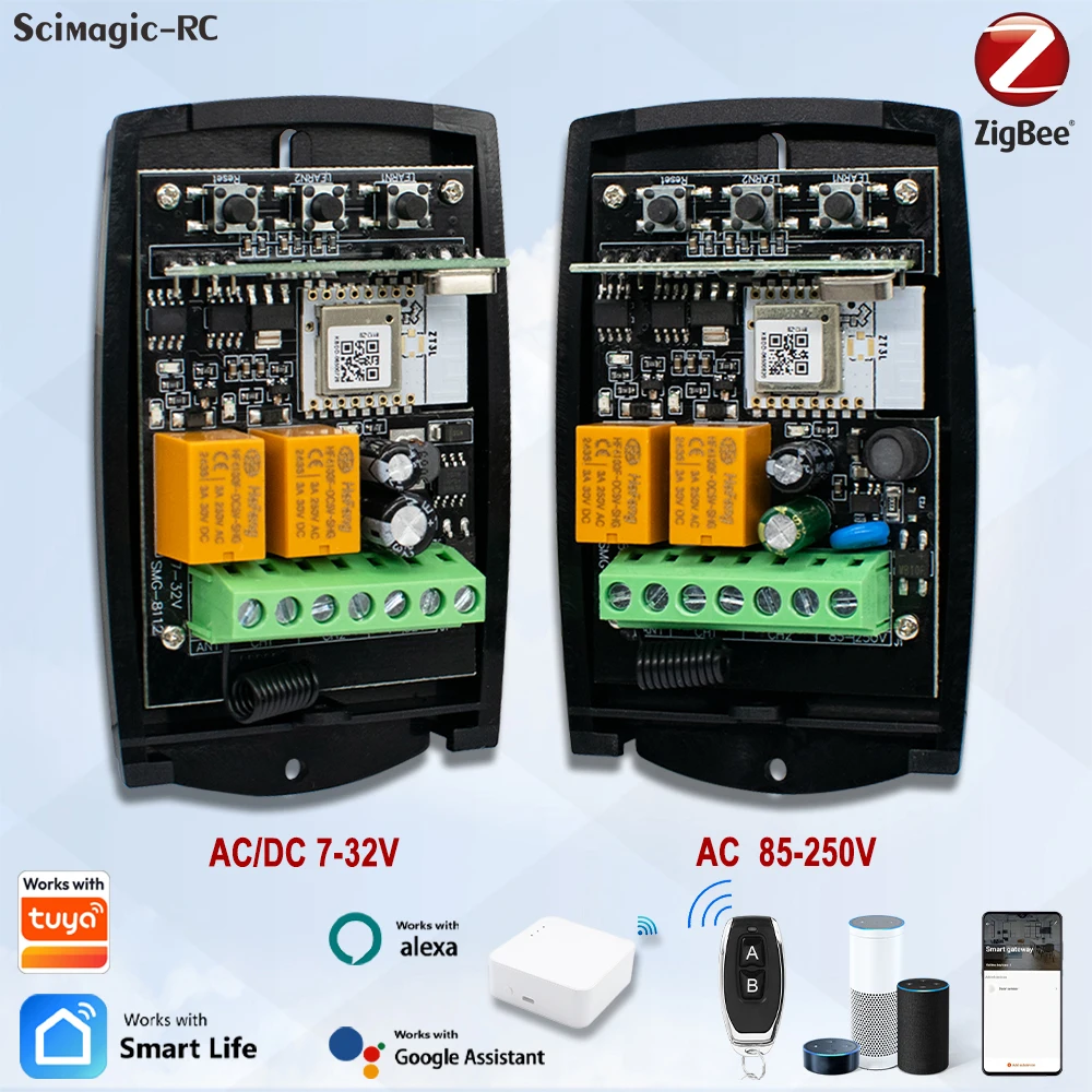 

ZIGBEE Smart Garage Door Opener Receiver 433.92MHz Rolling Code Universal 2CH 7-32V 85-250V Switch Controller Works with Tuya