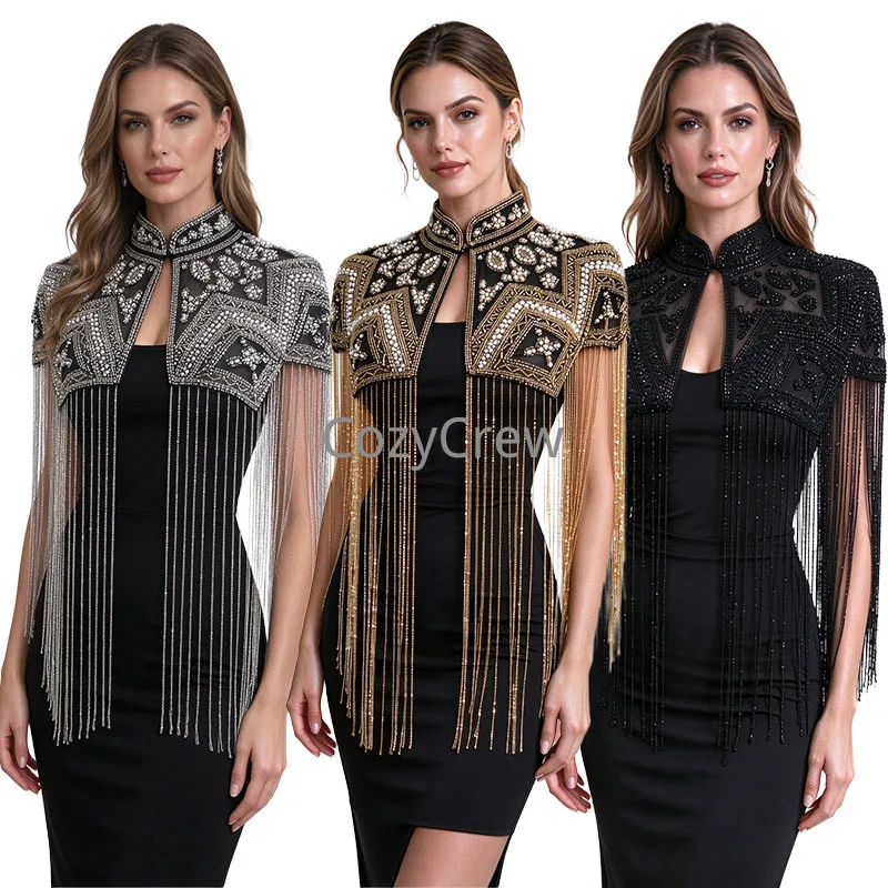 Retro Luxury Sequin Beaded Fringe Tassel Short Shrug Jacket, Women Elegant Formal Bolero Cape Shawl Wrap Sequined Evening Wrap