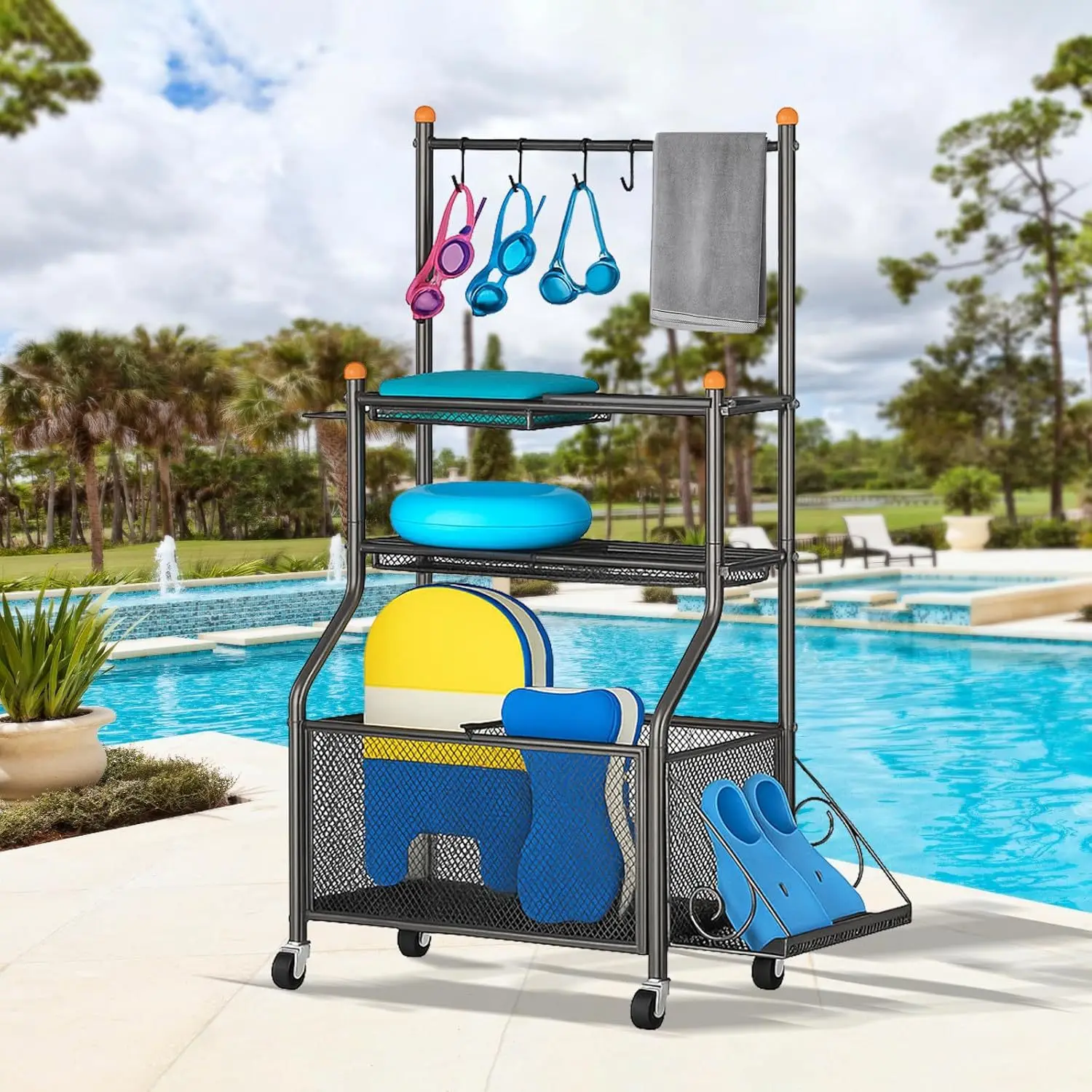 

Iron Swimming Pool Movable Storage Rack with Hooks, Towel Rack, Sports Equipment Storage Rack, Multifunctional Large Storage