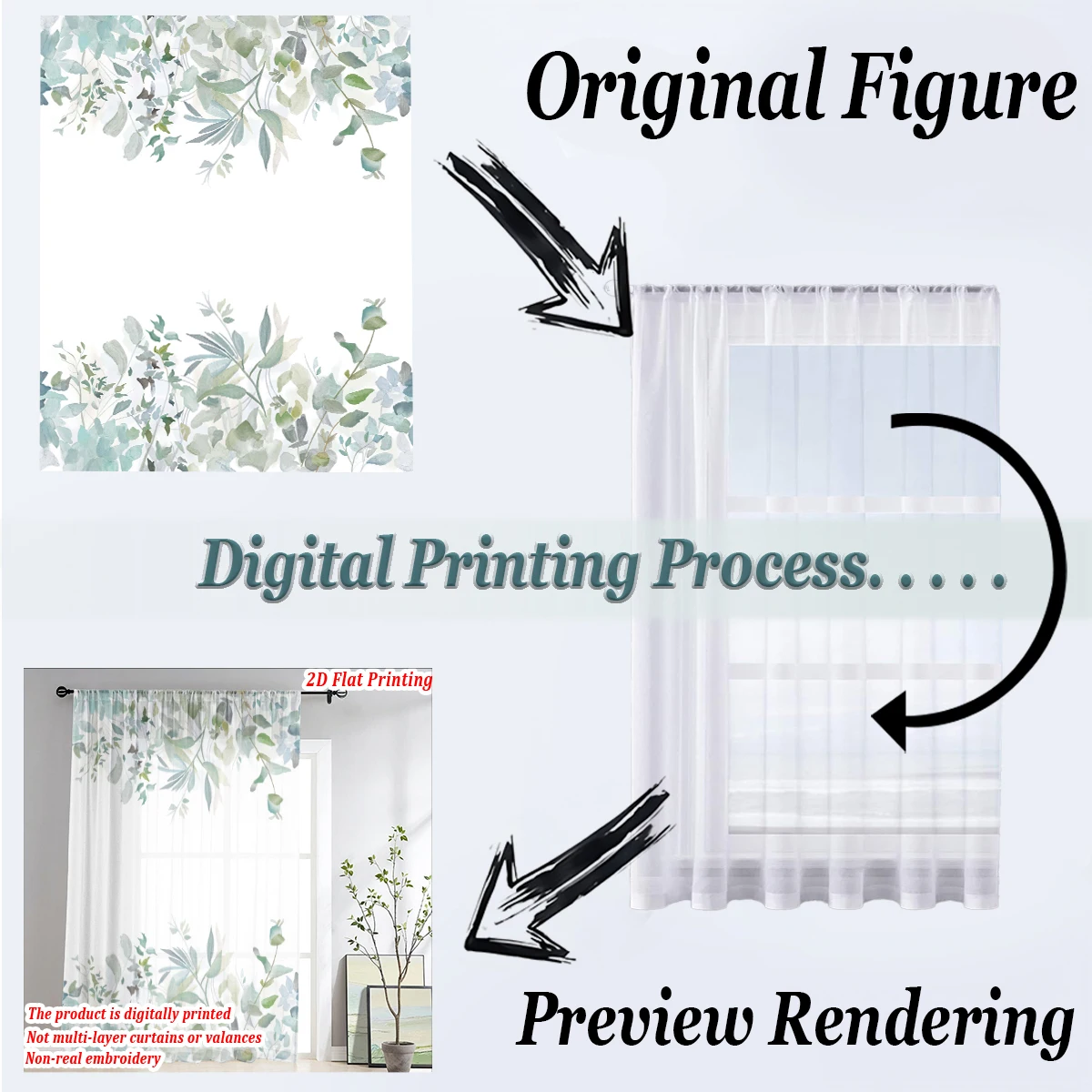 Francuska akwarela z motywem liści, płaski nadruk, przezroczysta zasłona, lekka tkanina, do salonu, sypialni, dekoracji drzwi i okien w domu.