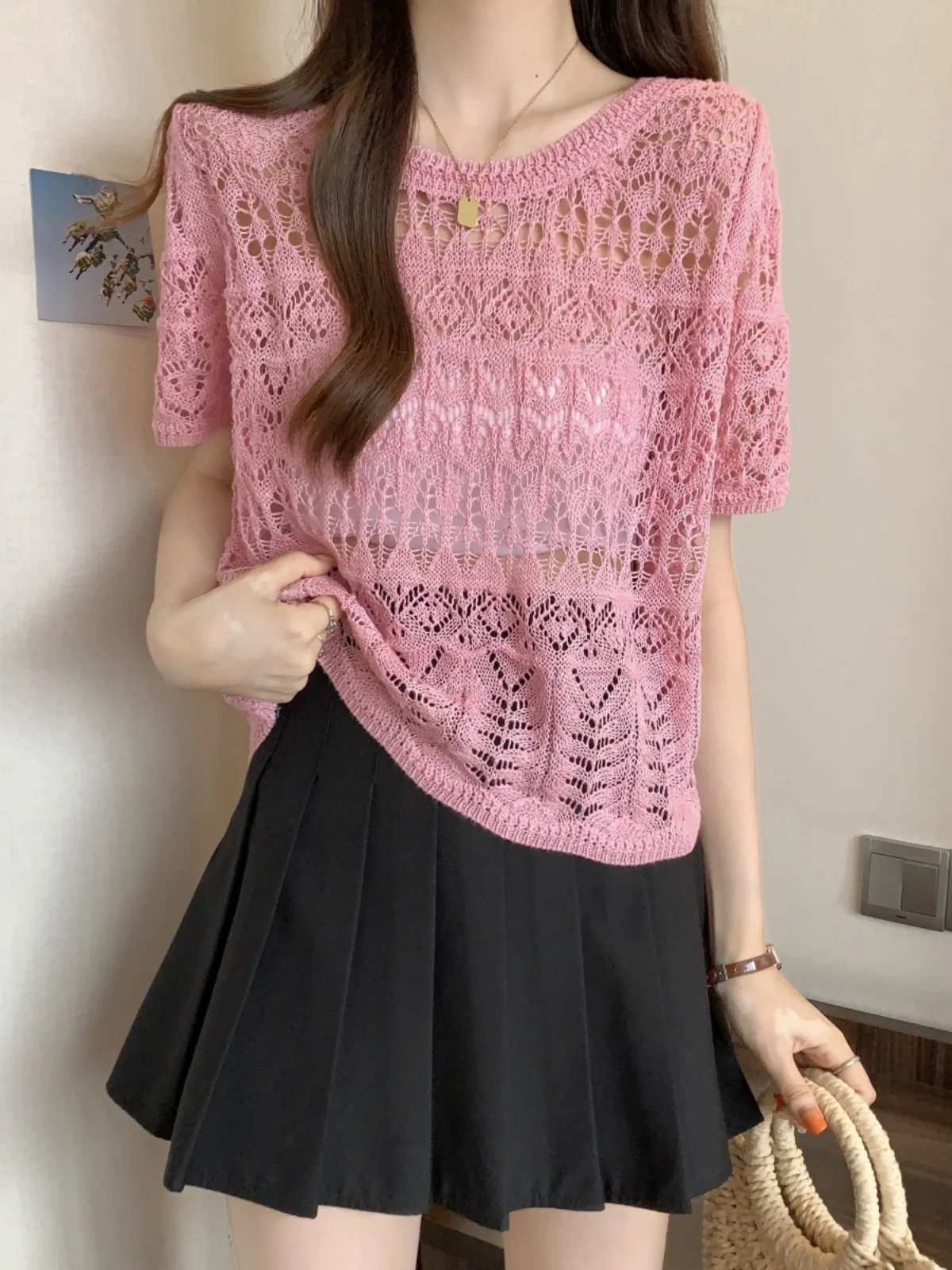 Chic Anti-Aging Hooked Flower Hollow Knitted Top Short Sleeve Women's Summer Outerwear T-Shirt plus Size Cover Belly Shirt