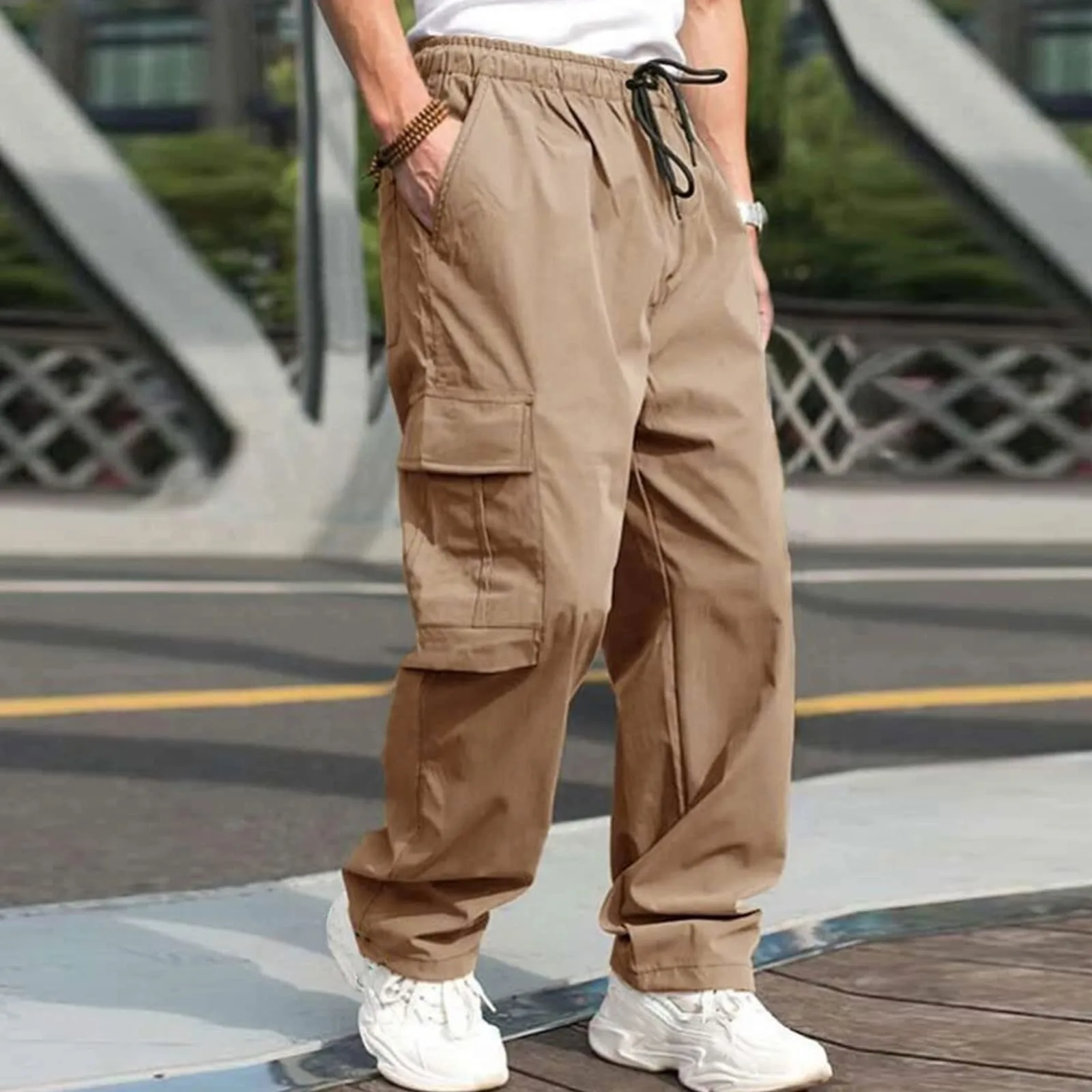 

Parachute Cargo Pants Men Loose Straight Oversize Work Wear Joggers Male Trousers Drawstring Long Pants Men Multi-Pocket Pants