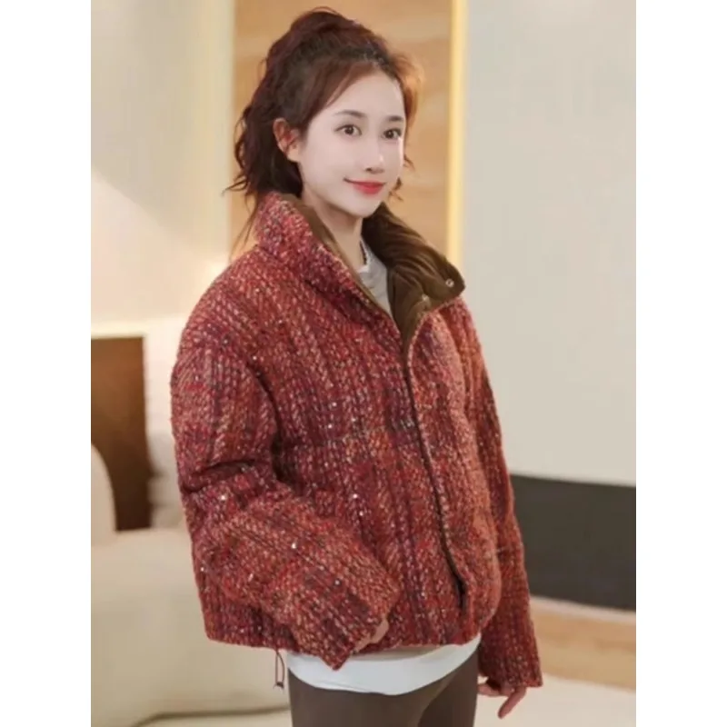 Xiaoxiangfeng-Tweed Down Jacket for Women, Short and Thick, Warm White Duck Down, Bread Jacket, Trendy, Winter